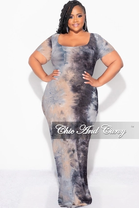 Fitted Design Thermal Regulating Fabric Final Sale Plus Size Short Sleeve Deep Scoop Neck Maxi Dress in Grey, Black and Tan Tie Dye Print
