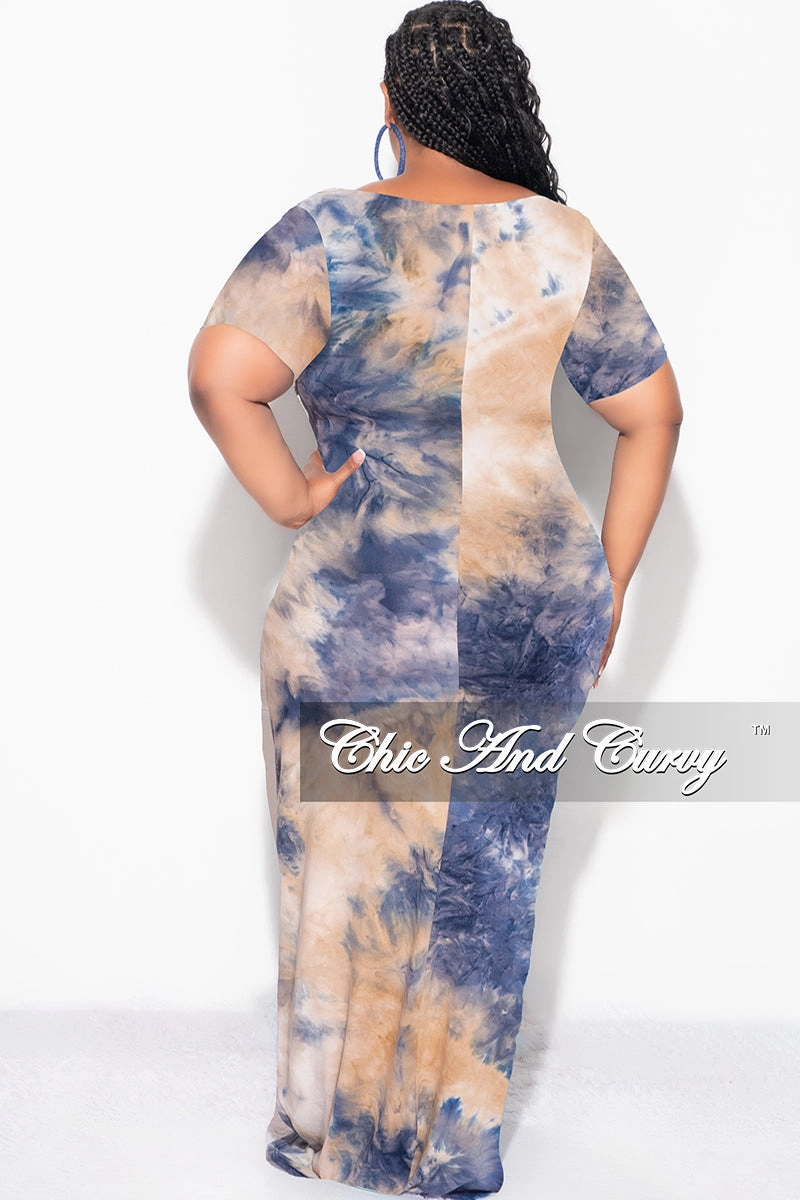 Final Sale Plus Size Short Sleeve Deep Scoop Neck Maxi Dress in Navy, Tan & Ivory Tie Dye Print Casual Performance Fit
