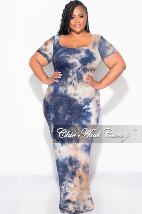 Chill Style All Use Final Sale Plus Size Short Sleeve Deep Scoop Neck Maxi Dress in Navy, Tan & Ivory Tie Dye Print