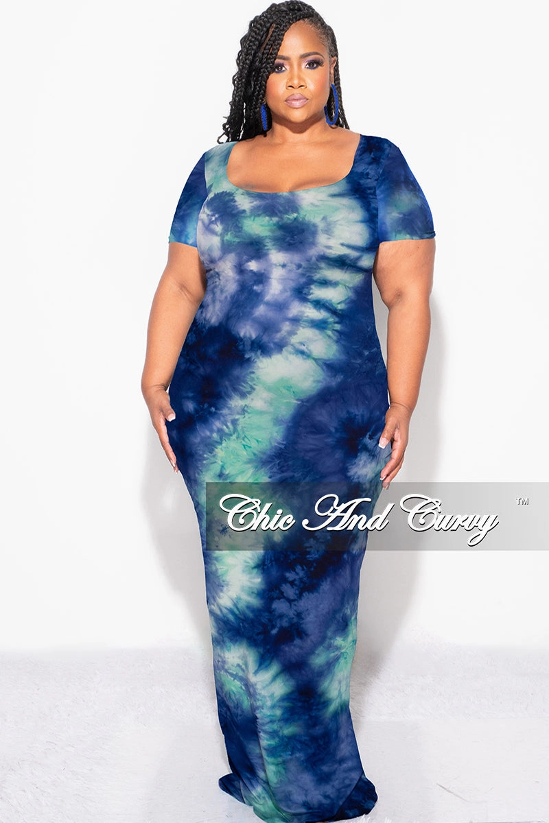 Abrasion Proof Reinforcements Modular Pocket System Final Sale Plus Size Short Sleeve Deep Scoop Neck Maxi Dress in Royal Blue & Aqua Tie Dye Print