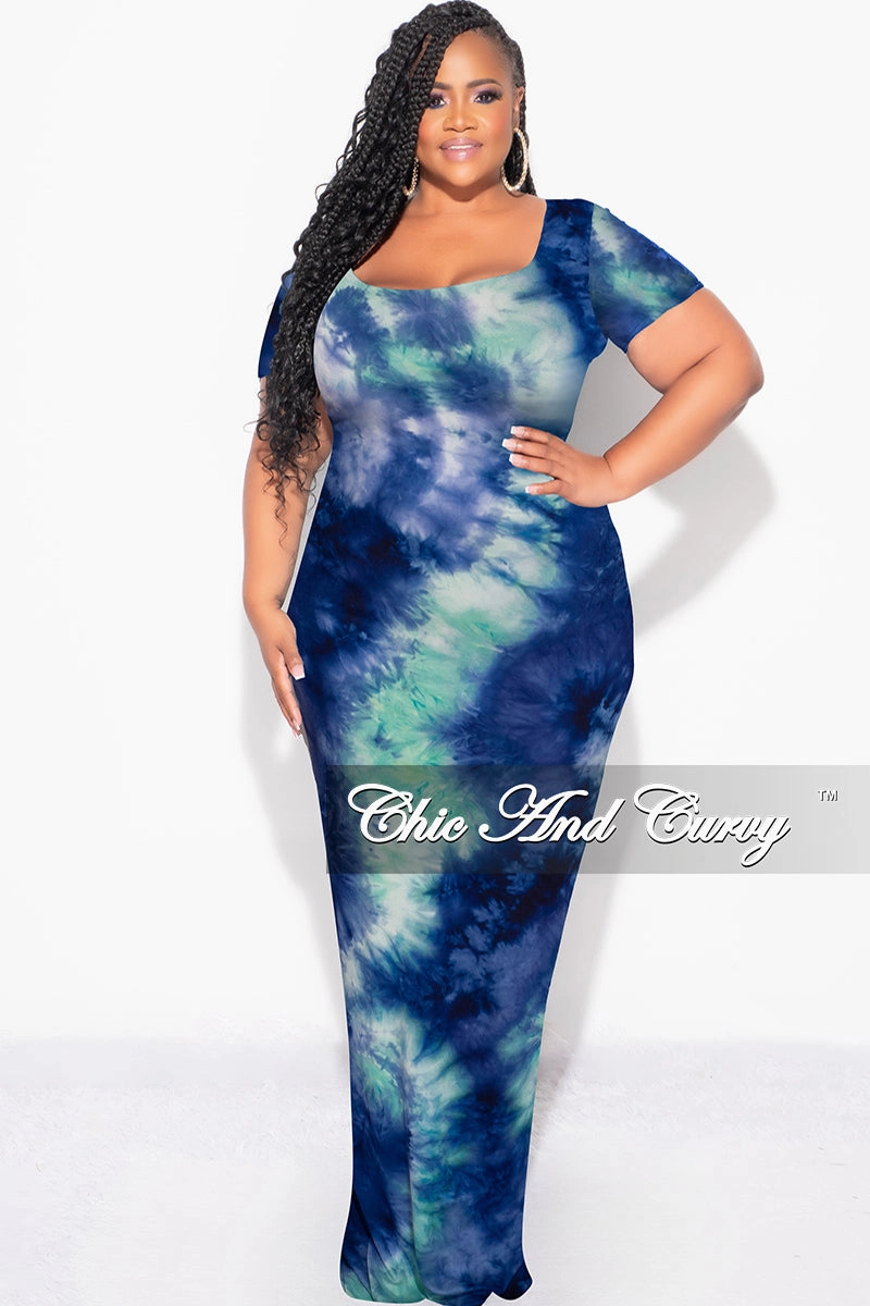 Final Sale Plus Size Short Sleeve Deep Scoop Neck Maxi Dress in Royal Blue & Aqua Tie Dye Print Everyday Ease