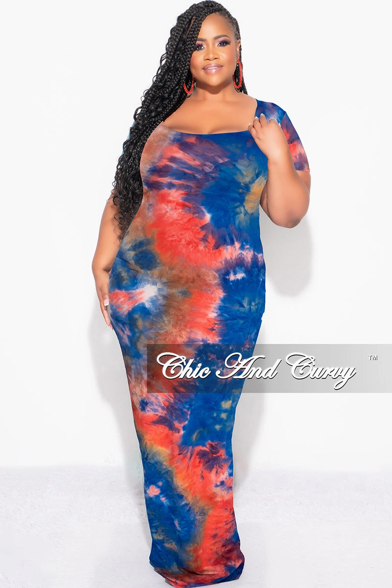 Final Sale Plus Size Short Sleeve Deep Scoop Neck Maxi Dress in Royal Blue, Red & Orange Tie Dye Print Comfortable Fashion TearResistantMaterial