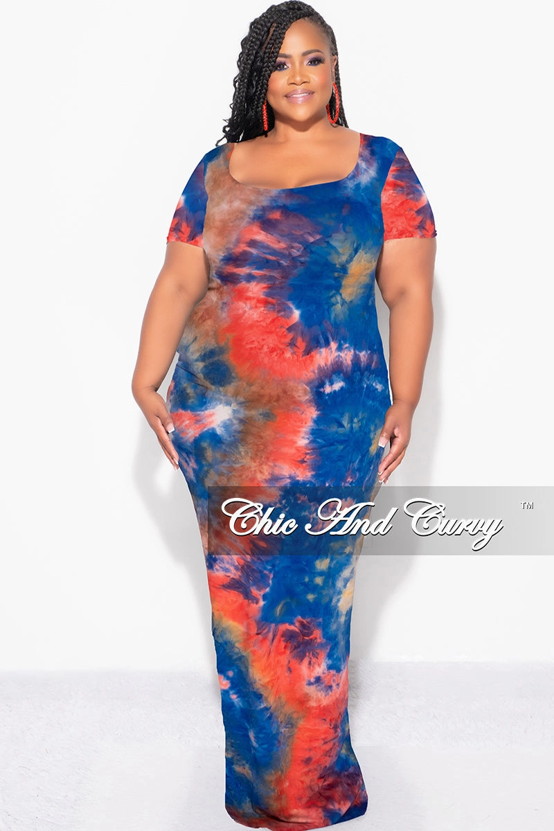 QuickReleaseFastenings Final Sale Plus Size Short Sleeve Deep Scoop Neck Maxi Dress in Royal Blue, Red & Orange Tie Dye Print