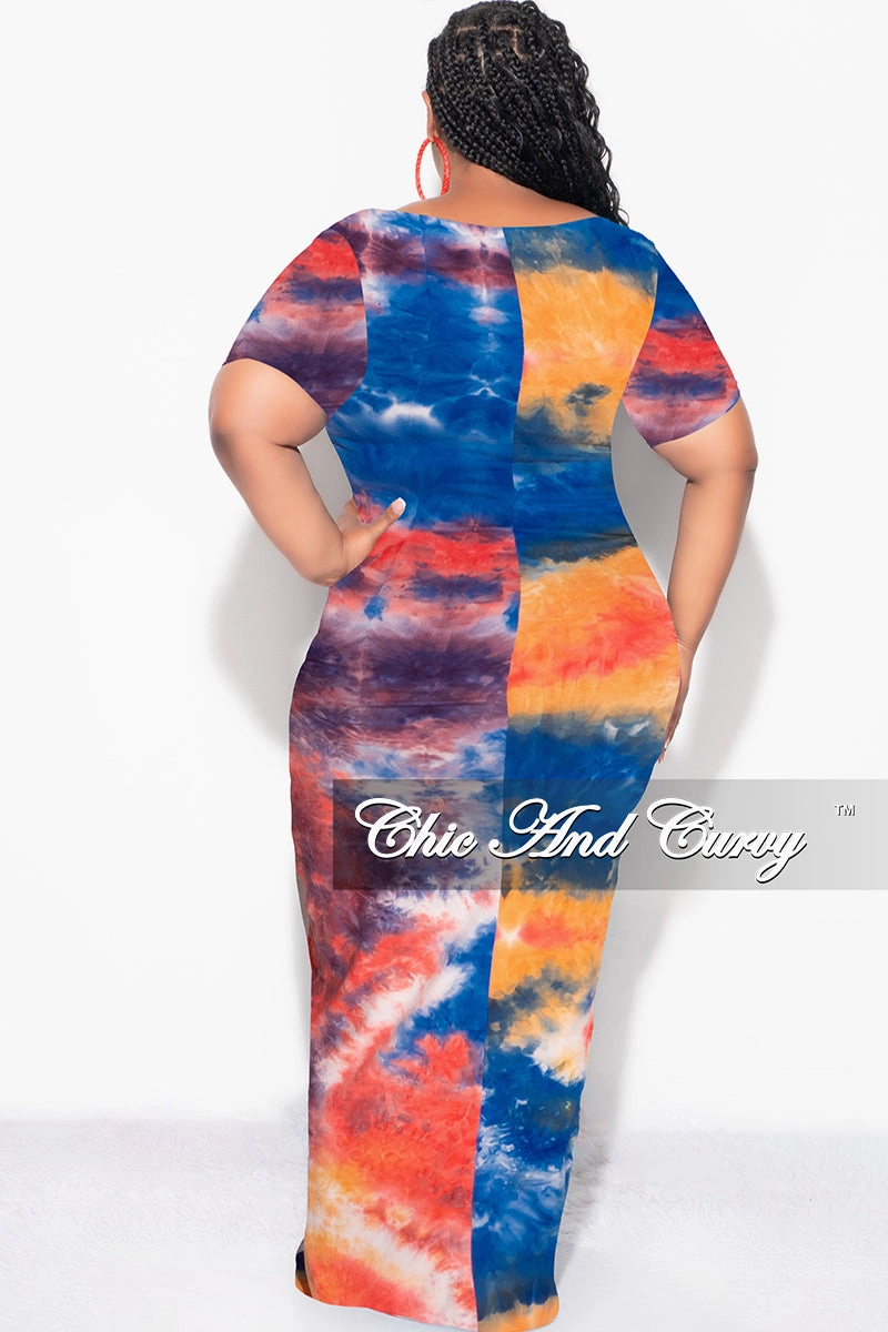 Final Sale Plus Size Short Sleeve Deep Scoop Neck Maxi Dress in Royal Blue, Red & Orange Tie Dye Print Multi-Purpose Wear Durable Waistband