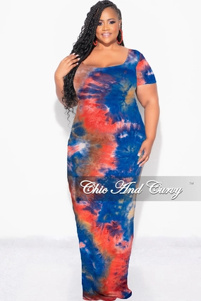 Flexible shape All Purpose Final Sale Plus Size Short Sleeve Deep Scoop Neck Maxi Dress in Royal Blue, Red & Orange Tie Dye Print