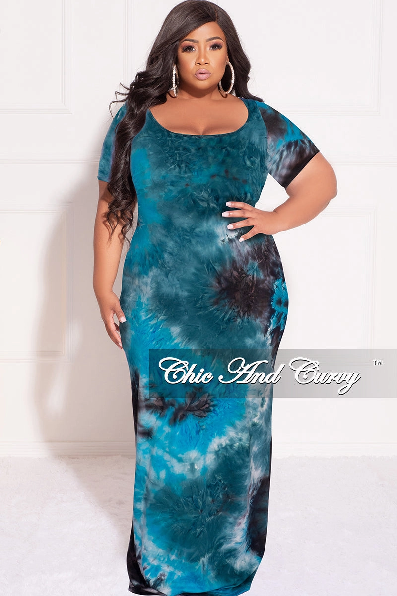 All-Purpose Comfort Final Sale Plus Size Short Sleeve Deep Scoop Neck Maxi Dress in Turquoise & Black Tie Dye Print