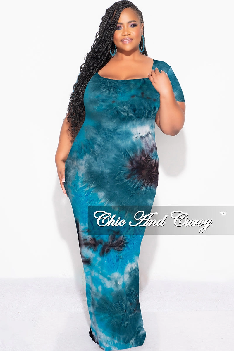 Chill Style Breathable Lining Final Sale Plus Size Short Sleeve Deep Scoop Neck Maxi Dress in Turquoise & Black Tie Dye Print
