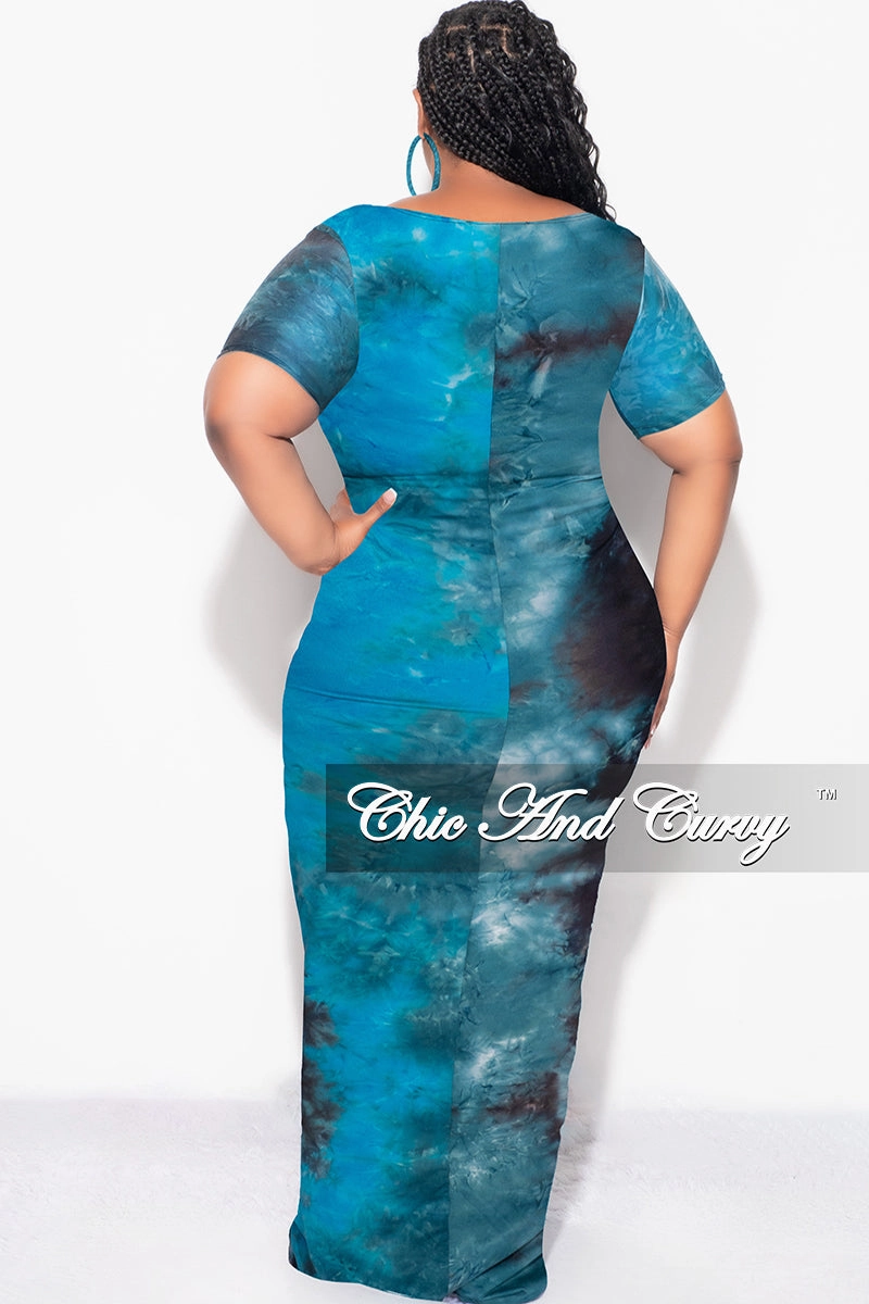 Final Sale Plus Size Short Sleeve Deep Scoop Neck Maxi Dress in Turquoise & Black Tie Dye Print UVProtectionCoating AbrasionResistant