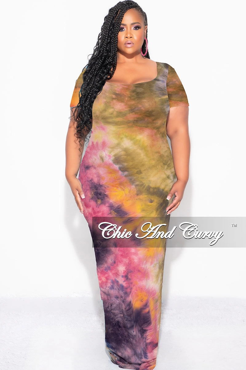 Final Sale Plus Size Short Sleeve Deep Scoop Neck Maxi Dress in Yellow and Pink Tie Dye Smooth Fit Lining Chilly Weather