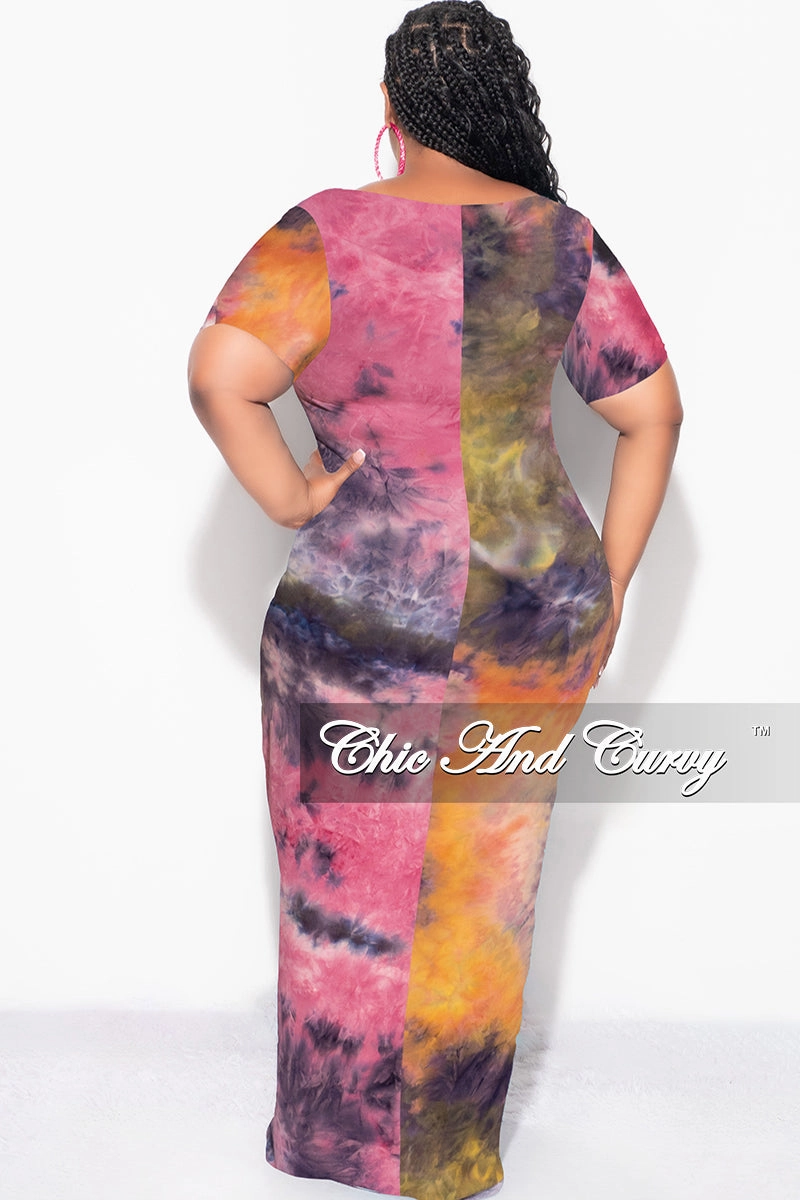 Final Sale Plus Size Short Sleeve Deep Scoop Neck Maxi Dress in Yellow and Pink Tie Dye Stable Shape