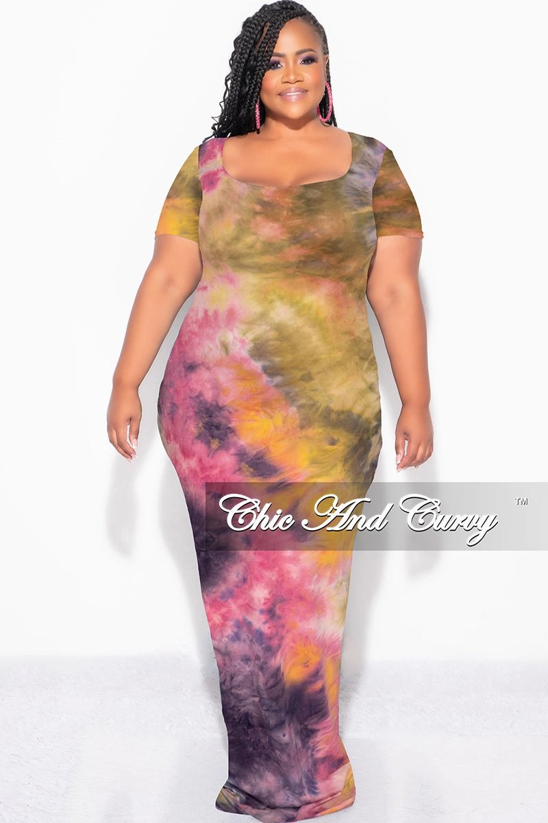 Final Sale Plus Size Short Sleeve Deep Scoop Neck Maxi Dress in Yellow and Pink Tie Dye Chilly Wear