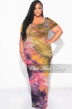 Urban Cool Performance Support Final Sale Plus Size Short Sleeve Deep Scoop Neck Maxi Dress in Yellow and Pink Tie Dye