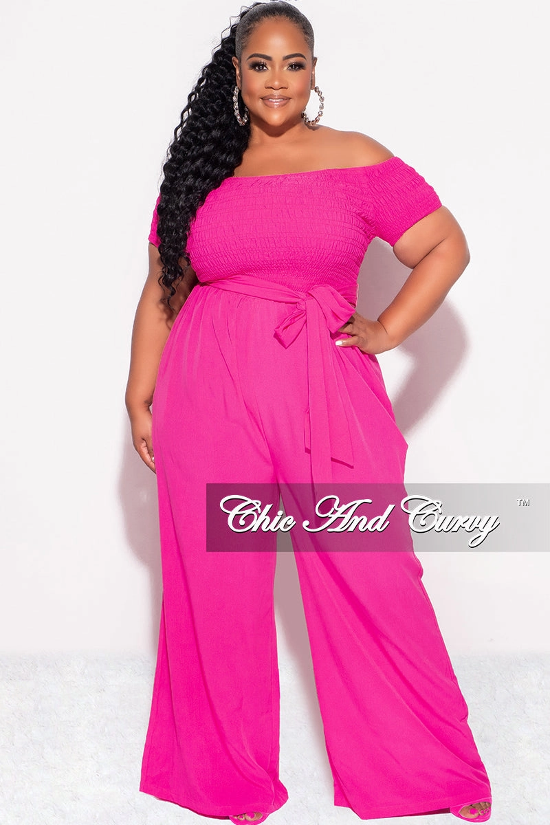 ResilientElasticBand Casual Chic Final Sale Plus Size Short Sleeve Frill Jumpsuit with Attached Tie in Fuchsia