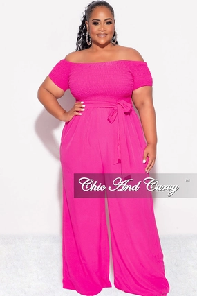 Final Sale Plus Size Short Sleeve Frill Jumpsuit with Attached Tie in Fuchsia CompressionFitFabric Softened Hem
