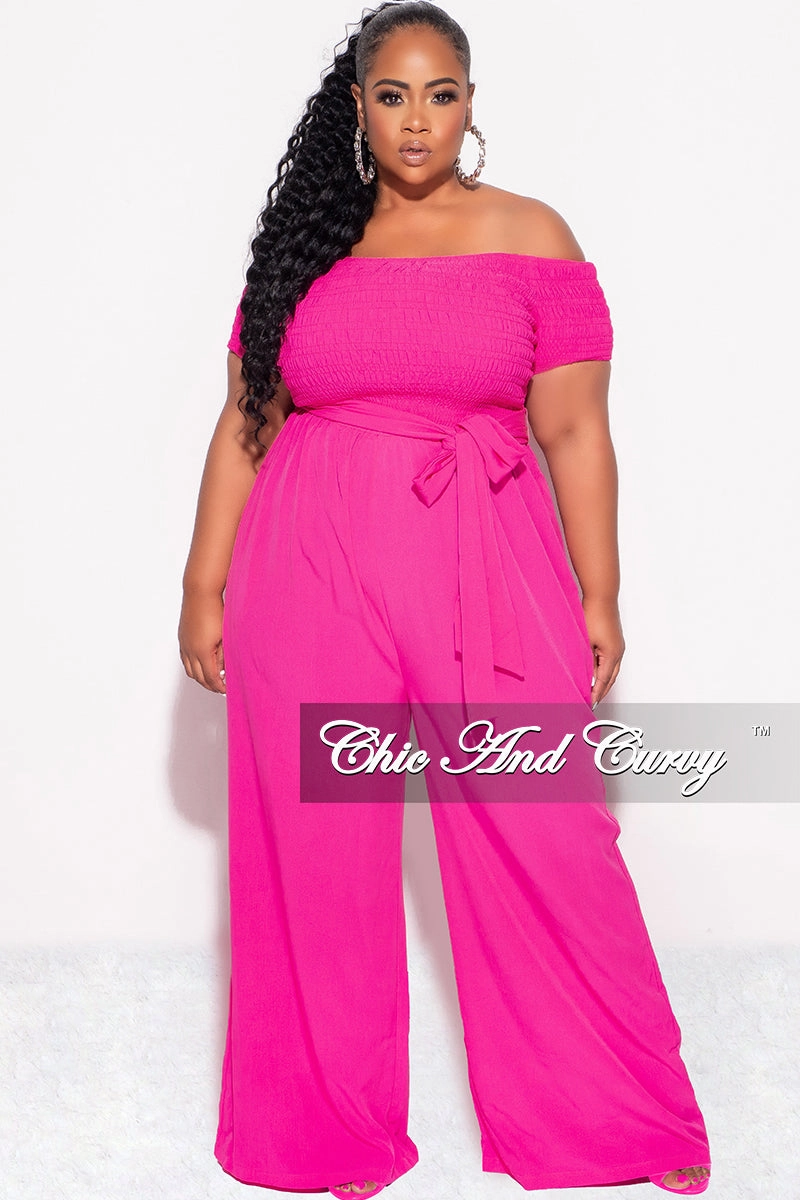 Core Style Final Sale Plus Size Short Sleeve Frill Jumpsuit with Attached Tie in Fuchsia