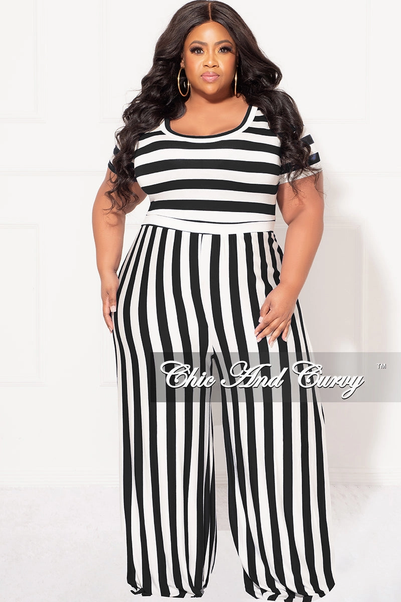 Final Sale Plus Size Short Sleeve Jumpsuit in Black and White Stripes Active Performance NoBuckleDesign