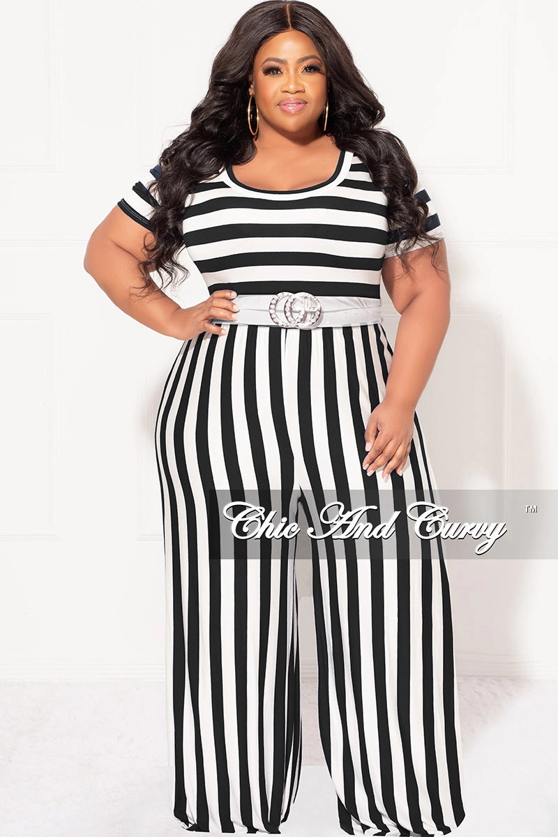 Laser cut Final Sale Plus Size Short Sleeve Jumpsuit in Black and White Stripes
