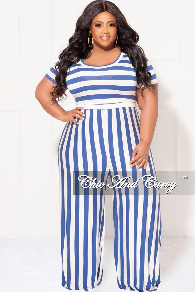 Final Sale Plus Size Short Sleeve Jumpsuit in Blue and White Stripes Comfy Feel