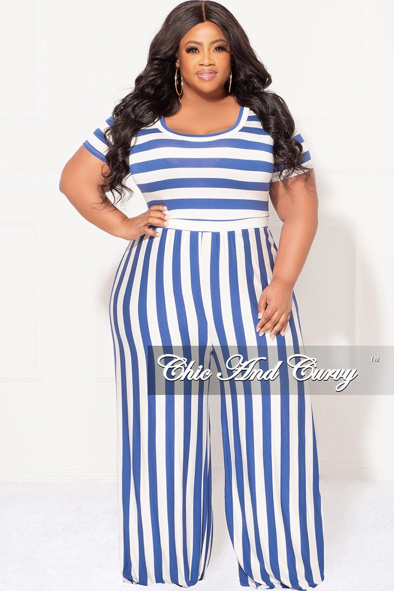Final Sale Plus Size Short Sleeve Jumpsuit in Blue and White Stripes Comfort waistband Thermal Insulation Layer