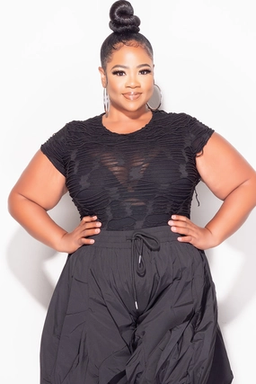 Final Sale Plus Size Short Sleeve Mesh See-Thru Textured Bodysuit in Black Comfort Wear Fit