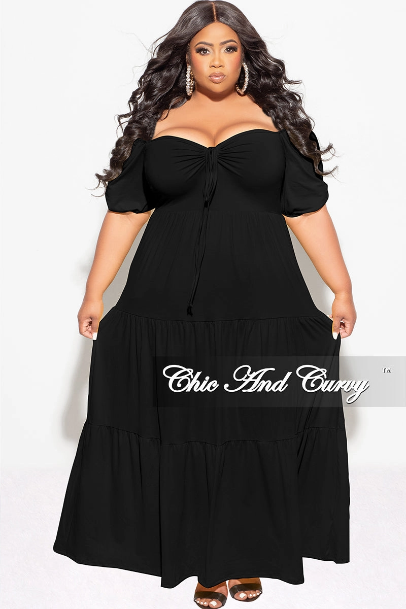 CompressionFitFabric Outdoor Activity Final Sale Plus Size Short Sleeve Tiered Maxi Dress in Black