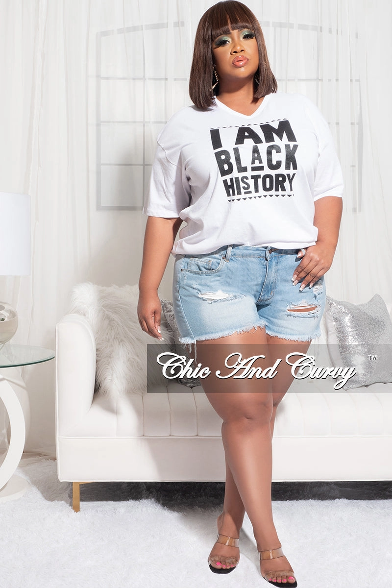 AdjustableDrawstring Low Bulk Design Final Sale Plus Size Short Sleeve V-Neck I Am Black History T-Shirt in White