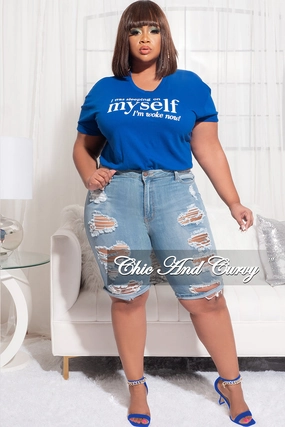 Final Sale Plus Size Short Sleeve V-Neck I Was Sleeping On Myself I'm Woke Now T-Shirt in Royal Blue Crisp Design