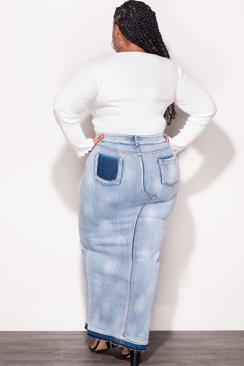 Seamless Wear Fashionable Design Final Sale Plus Size Skirt with Front Slit in Denim