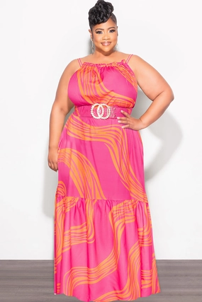 Elastic waist Final Sale Plus Size Sleeveless 1 Tiered Maxi Dress in Fuchsia