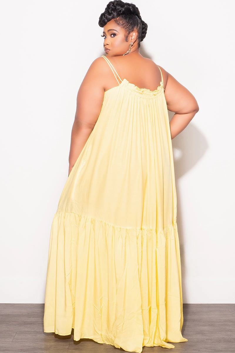 Static free Functional Comfort Wear Final Sale Plus Size Sleeveless 1 Tiered Maxi Dress in Yellow