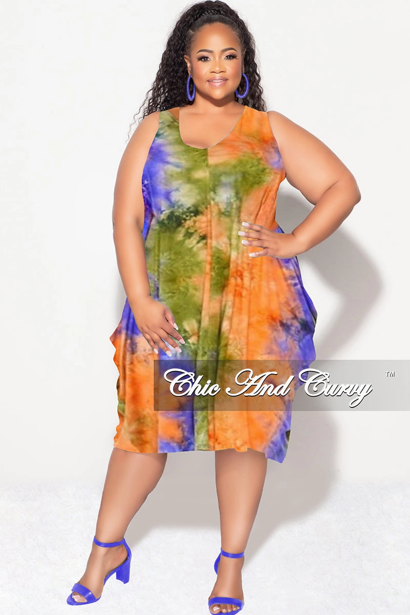 Casual Essentials Comfortable Look Wear Final Sale Plus Size Sleeveless Bubble Dress in Olive Orange and Purple Tie Dye