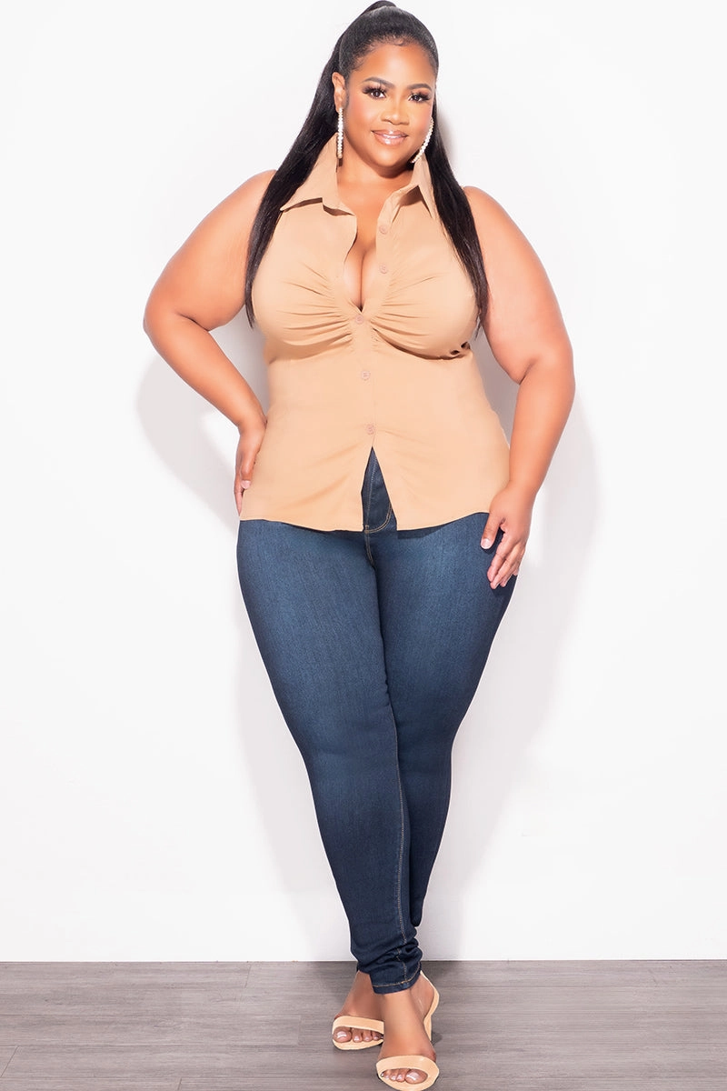 High Rise Final Sale Plus Size Sleeveless Collar Button Up Ruched Top in Cappuccino