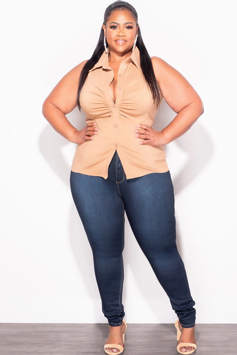 Layer Comfort Final Sale Plus Size Sleeveless Collar Button Up Ruched Top in Cappuccino