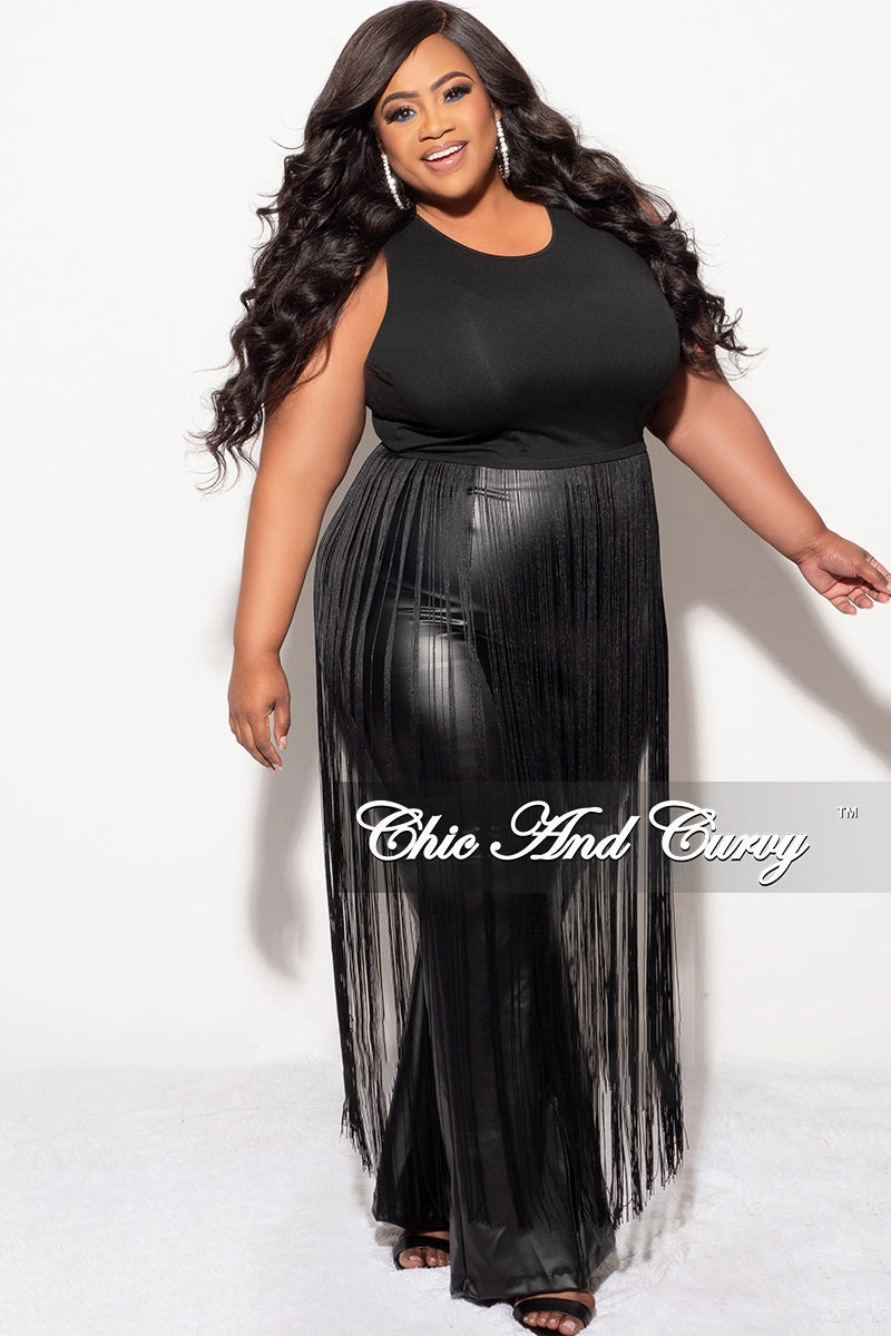 Body Fit Final Sale Plus Size Sleeveless Crop Long Fringe Top in Black