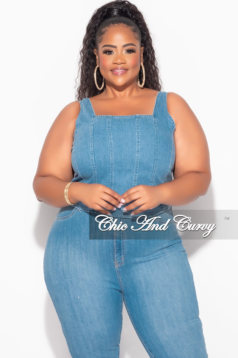 Final Sale Plus Size Sleeveless Crop Top with Shirred Back in Denim Movement Comfort