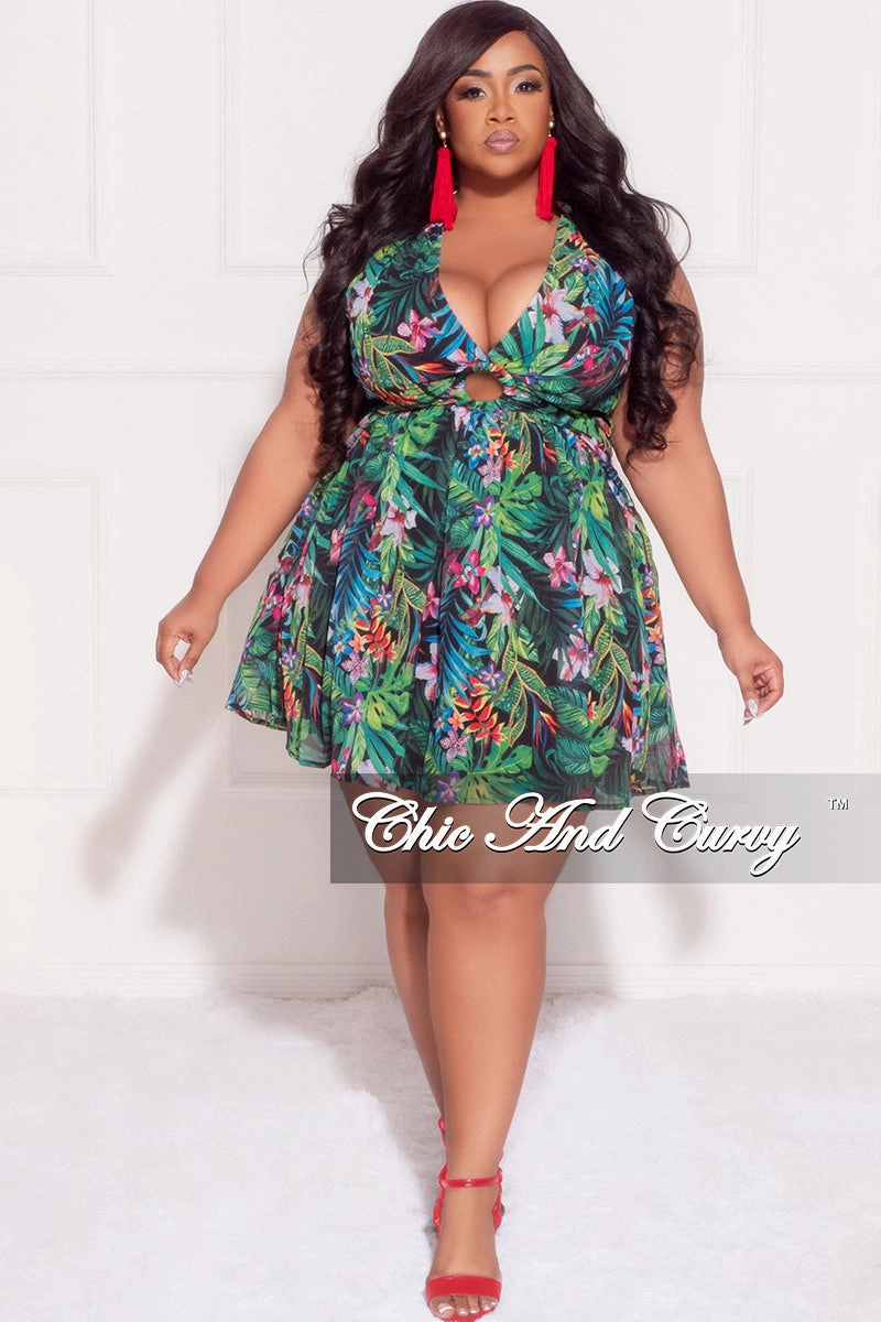 NonBindingWaistline Non-Binding Fit Final Sale Plus Size Sleeveless Deep V BabyDoll Dress with Front Cutouts in Green Multi Color Floral Print