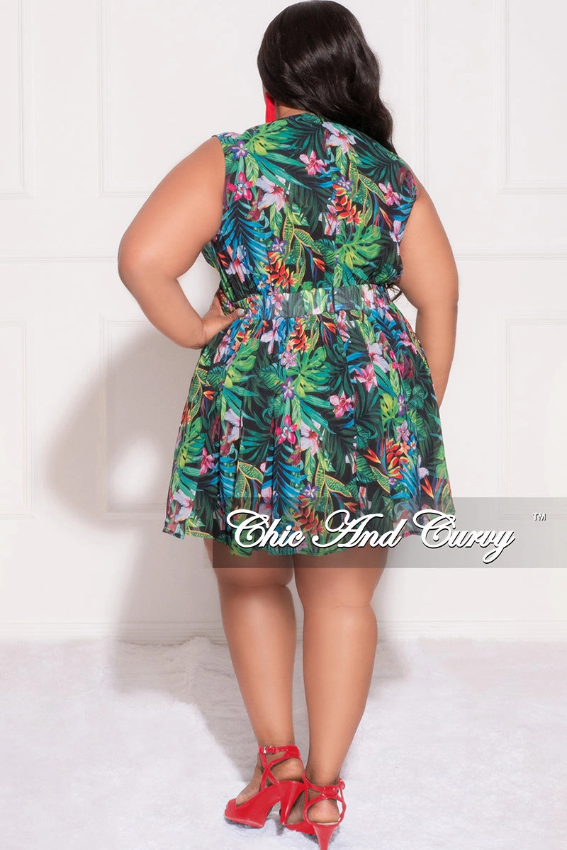Classic Fit Final Sale Plus Size Sleeveless Deep V BabyDoll Dress with Front Cutouts in Green Multi Color Floral Print