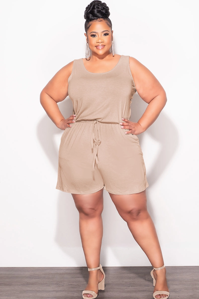 Perfect Length Modern Utility Final Sale Plus Size Sleeveless French Terry V Neck Romper in Mocha Brown