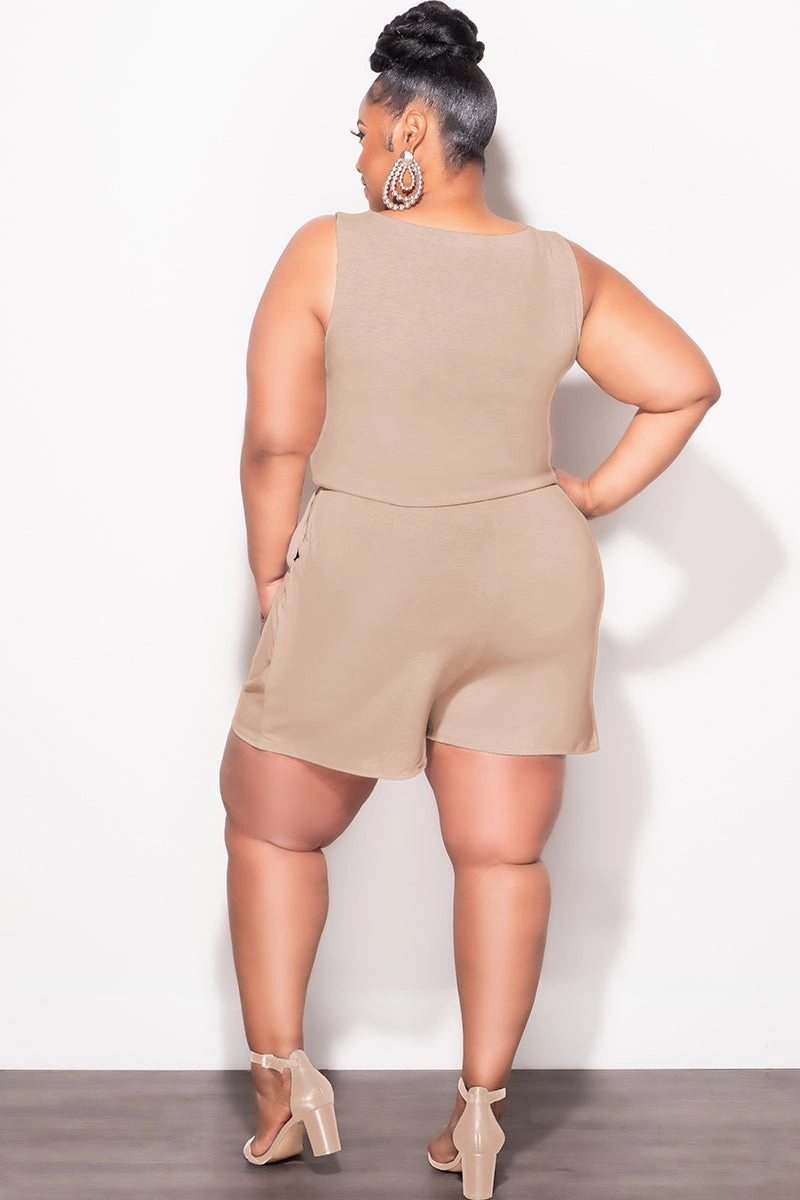 Final Sale Plus Size Sleeveless French Terry V Neck Romper in Mocha Brown Core Basic