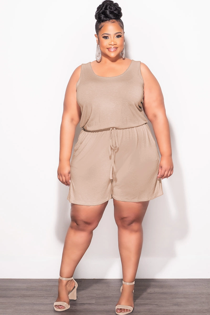 Sustainable Fabric Fast Move Final Sale Plus Size Sleeveless French Terry V Neck Romper in Mocha Brown