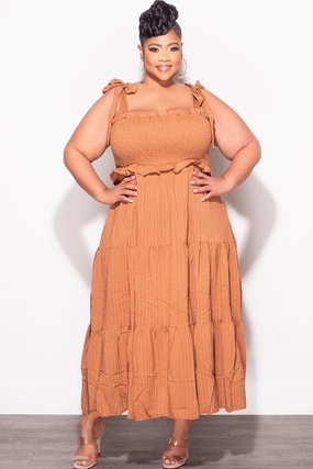 All Season Wear Final Sale Plus Size Sleeveless Frill Tiered Dress in Cognac