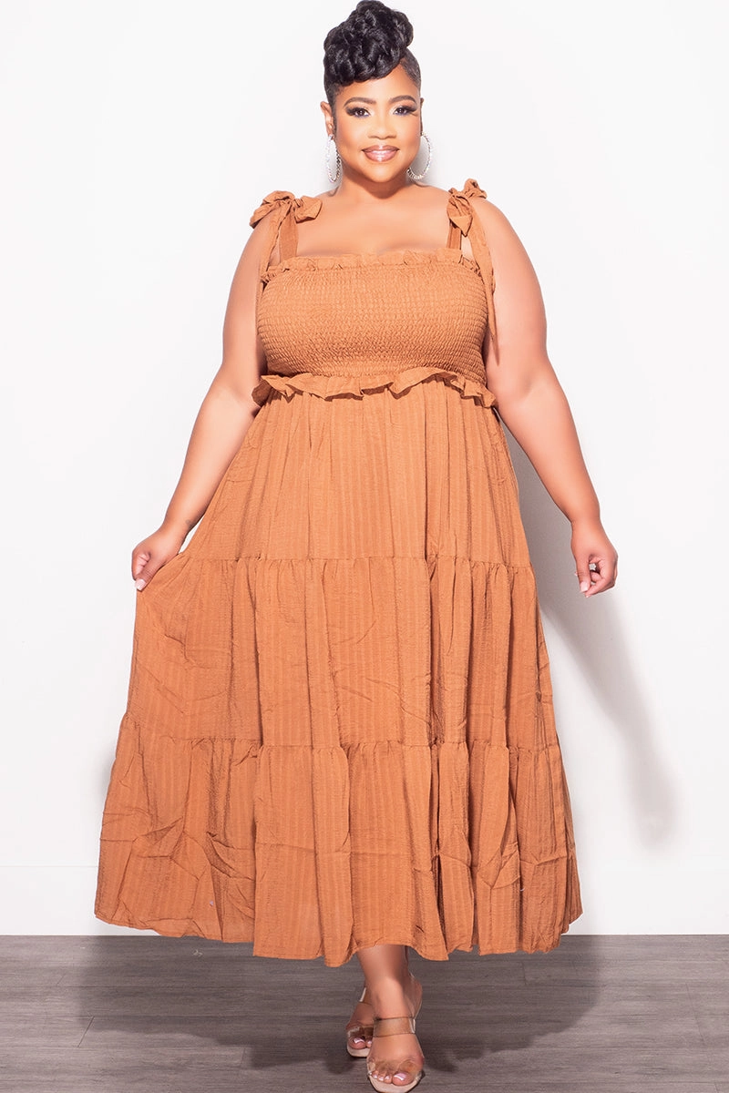 Final Sale Plus Size Sleeveless Frill Tiered Dress in Cognac Weekend Style