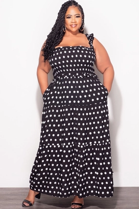 Final Sale Plus Size Sleeveless Frill Tiered Maxi Dress in Black and White Polka Dot Daily Wear Light Fit