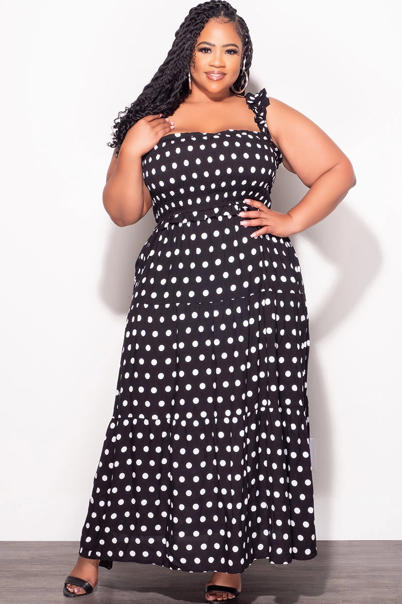 Final Sale Plus Size Sleeveless Frill Tiered Maxi Dress in Black and White Polka Dot Wind Resistance Ultimate Wear