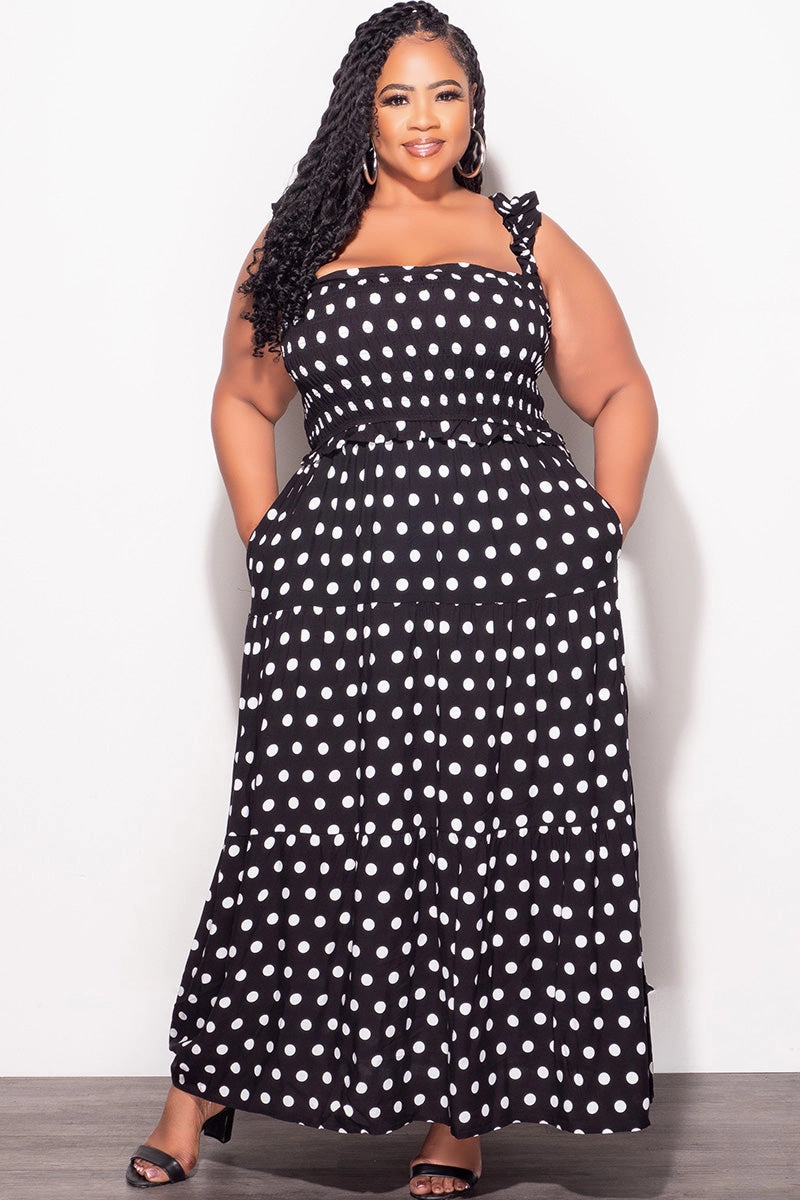 Final Sale Plus Size Sleeveless Frill Tiered Maxi Dress in Black and White Polka Dot Daily Wear Light Fit