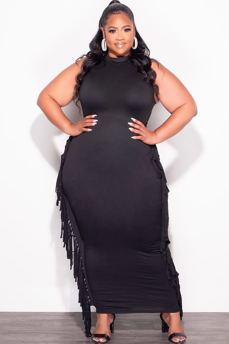 Snug Waist Final Sale Plus size Sleeveless Fringe Midi Dress