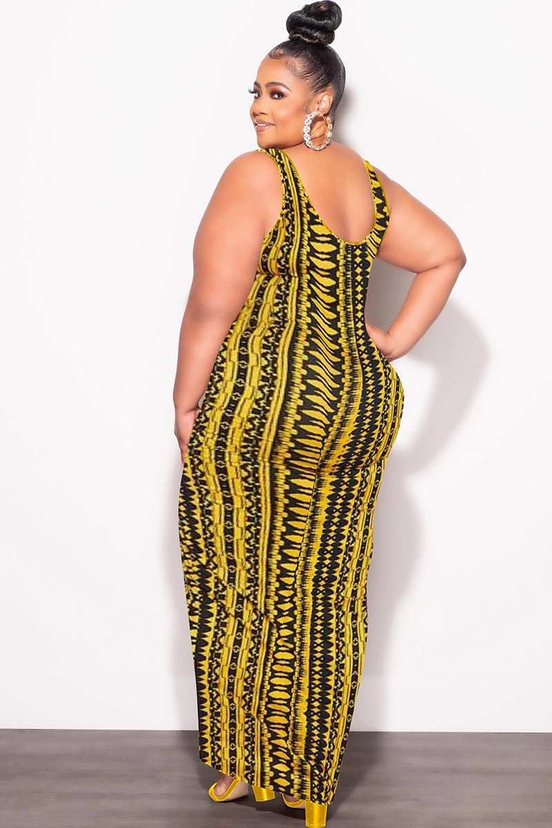 Final Sale Plus Size Sleeveless Maxi Dress with Waist Tie in Yellow and Black Design Print Move Easy