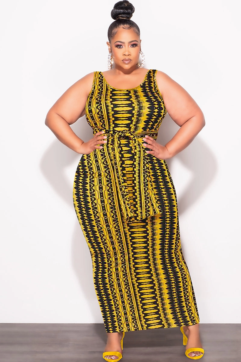 QuickReleaseFastenings Final Sale Plus Size Sleeveless Maxi Dress with Waist Tie in Yellow and Black Design Print