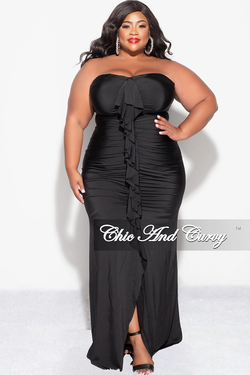 Lightweight Wear Final Sale Plus Size Sleeveless Maxi Gown With Center Ruching with Ruffle in Black