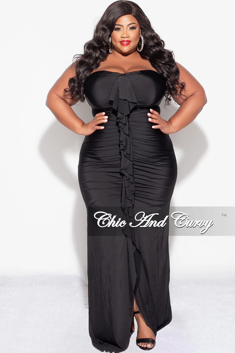 Final Sale Plus Size Sleeveless Maxi Gown With Center Ruching with Ruffle in Black SmoothZipper Stain Repellent Coating